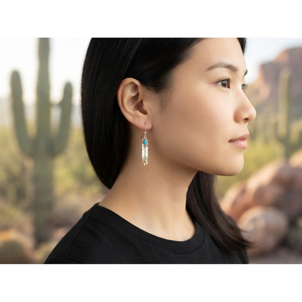 Navajo Turquoise Feather Earrings Sterling Silver Brass Accent Signed Jewelry